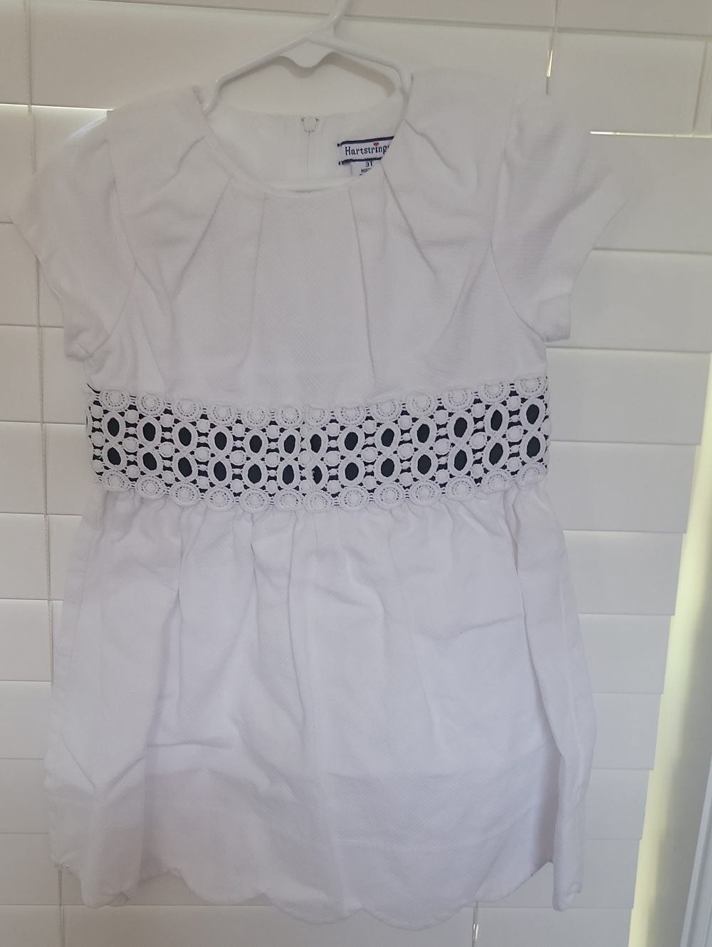 Hartstrings White Girls' Dress with Crochet Waistband and Short Sleeves Box 005